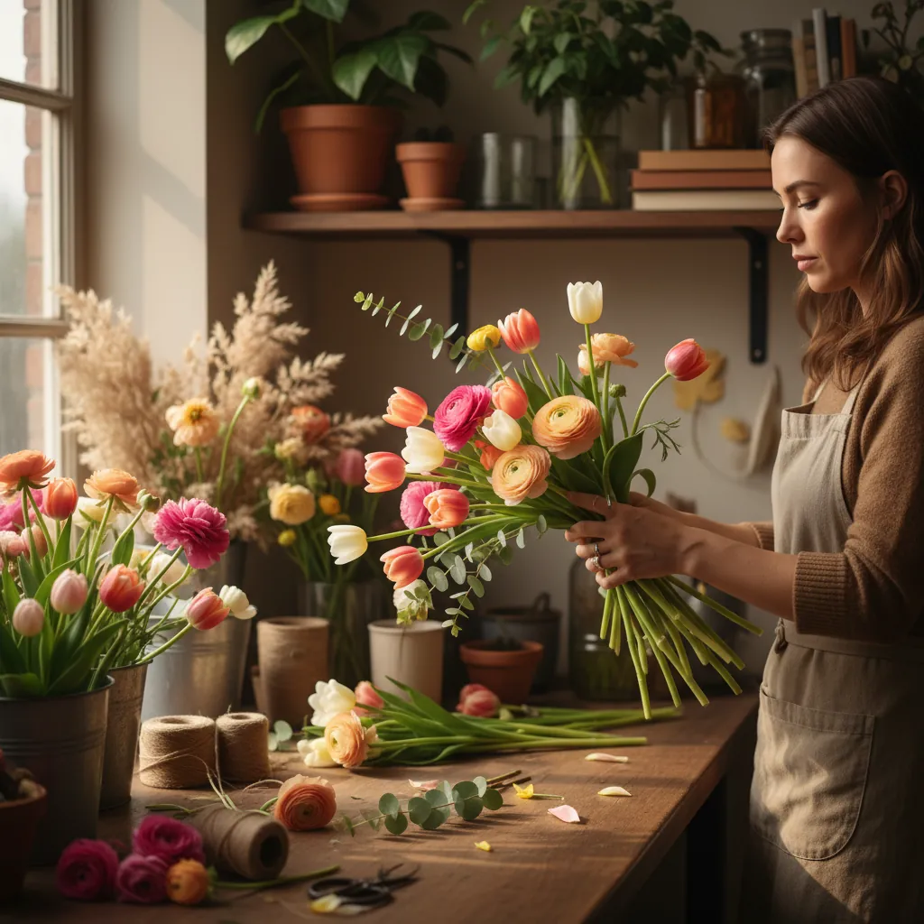 Hans schikt bloemen op zijn werkbank in de boetiek