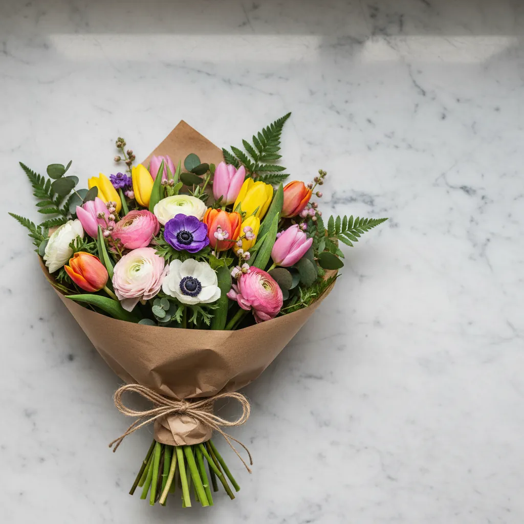 Kleurrijk lenteboeket met tulpen en ranonkels in kraftpapier