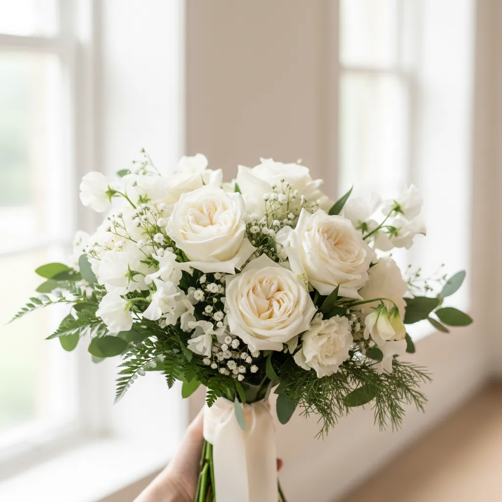 Bruidboeket van witte rozen, sweet peas en groen